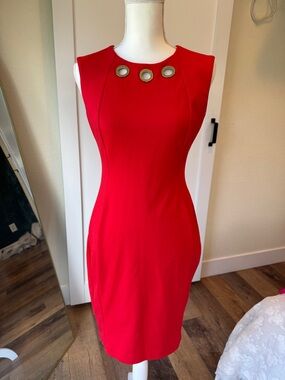 Calvin Klein Red Sleeveless Sheath Dress with Grommet Detail
